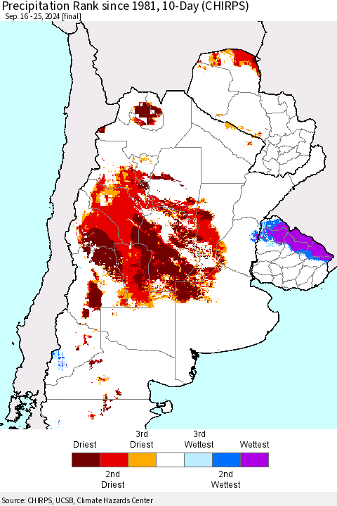 Southern South America Precipitation Rank since 1981, 10-Day (CHIRPS) Thematic Map For 9/16/2024 - 9/25/2024
