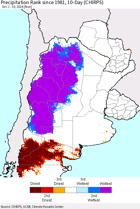 Southern South America Precipitation Rank since 1981, 10-Day (CHIRPS) Thematic Map For 10/1/2024 - 10/10/2024