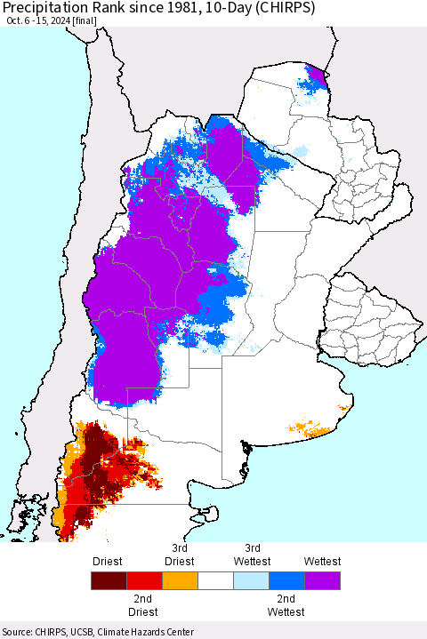 Southern South America Precipitation Rank since 1981, 10-Day (CHIRPS) Thematic Map For 10/6/2024 - 10/15/2024