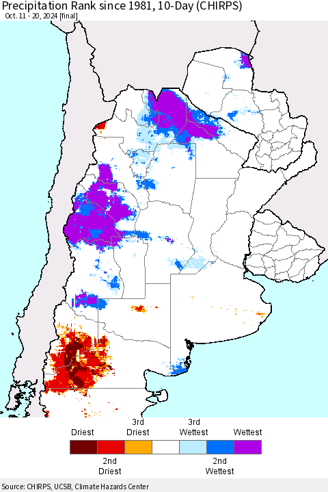Southern South America Precipitation Rank since 1981, 10-Day (CHIRPS) Thematic Map For 10/11/2024 - 10/20/2024