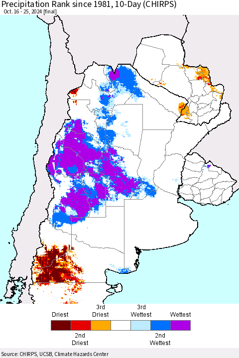 Southern South America Precipitation Rank since 1981, 10-Day (CHIRPS) Thematic Map For 10/16/2024 - 10/25/2024