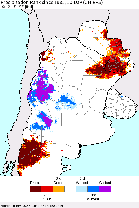 Southern South America Precipitation Rank since 1981, 10-Day (CHIRPS) Thematic Map For 10/21/2024 - 10/31/2024