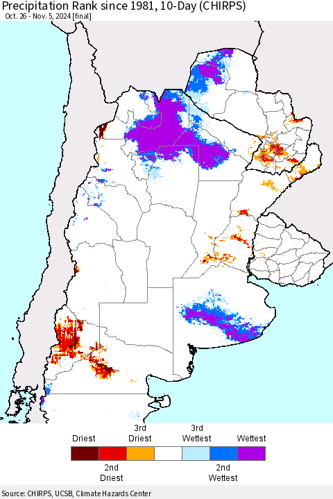 Southern South America Precipitation Rank since 1981, 10-Day (CHIRPS) Thematic Map For 10/26/2024 - 11/5/2024