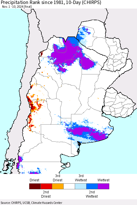 Southern South America Precipitation Rank since 1981, 10-Day (CHIRPS) Thematic Map For 11/1/2024 - 11/10/2024