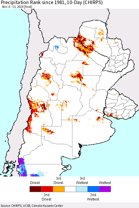 Southern South America Precipitation Rank since 1981, 10-Day (CHIRPS) Thematic Map For 11/6/2024 - 11/15/2024