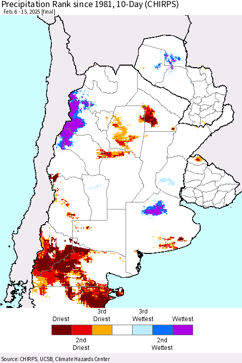 Southern South America Precipitation Rank since 1981, 10-Day (CHIRPS) Thematic Map For 2/6/2025 - 2/15/2025