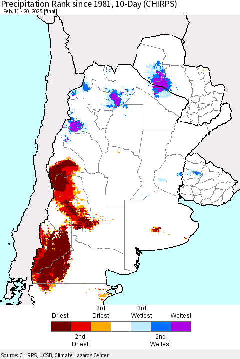 Southern South America Precipitation Rank since 1981, 10-Day (CHIRPS) Thematic Map For 2/11/2025 - 2/20/2025