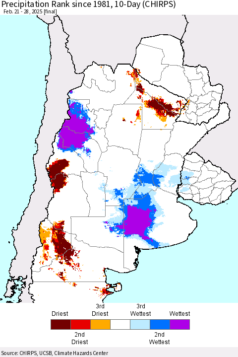 Southern South America Precipitation Rank since 1981, 10-Day (CHIRPS) Thematic Map For 2/21/2025 - 2/28/2025
