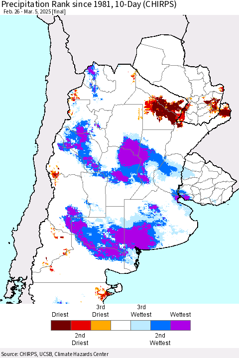 Southern South America Precipitation Rank since 1981, 10-Day (CHIRPS) Thematic Map For 2/26/2025 - 3/5/2025