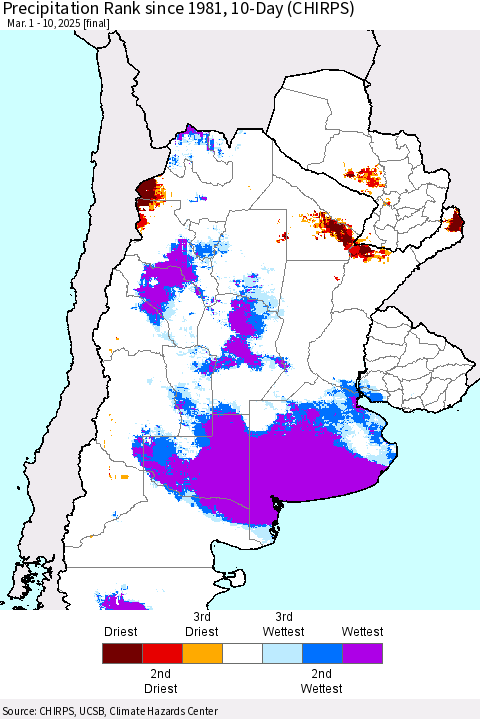 Southern South America Precipitation Rank since 1981, 10-Day (CHIRPS) Thematic Map For 3/1/2025 - 3/10/2025