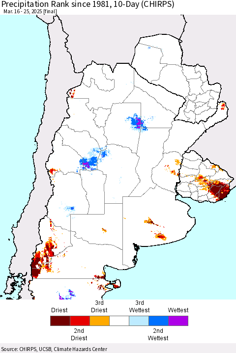 Southern South America Precipitation Rank since 1981, 10-Day (CHIRPS) Thematic Map For 3/16/2025 - 3/25/2025