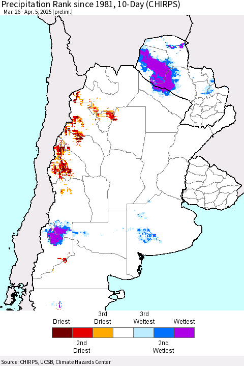 Southern South America Precipitation Rank since 1981, 10-Day (CHIRPS) Thematic Map For 3/26/2025 - 4/5/2025