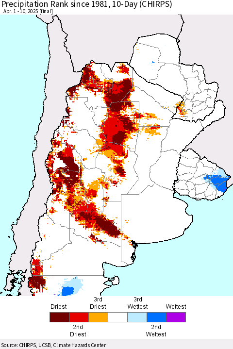 Southern South America Precipitation Rank since 1981, 10-Day (CHIRPS) Thematic Map For 4/1/2025 - 4/10/2025