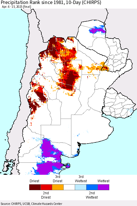 Southern South America Precipitation Rank since 1981, 10-Day (CHIRPS) Thematic Map For 4/6/2025 - 4/15/2025