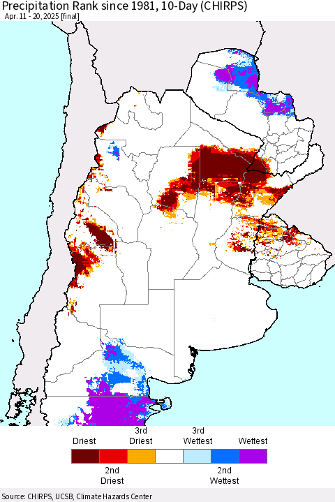 Southern South America Precipitation Rank since 1981, 10-Day (CHIRPS) Thematic Map For 4/11/2025 - 4/20/2025