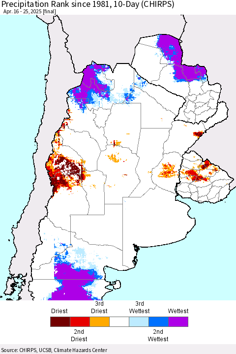 Southern South America Precipitation Rank since 1981, 10-Day (CHIRPS) Thematic Map For 4/16/2025 - 4/25/2025
