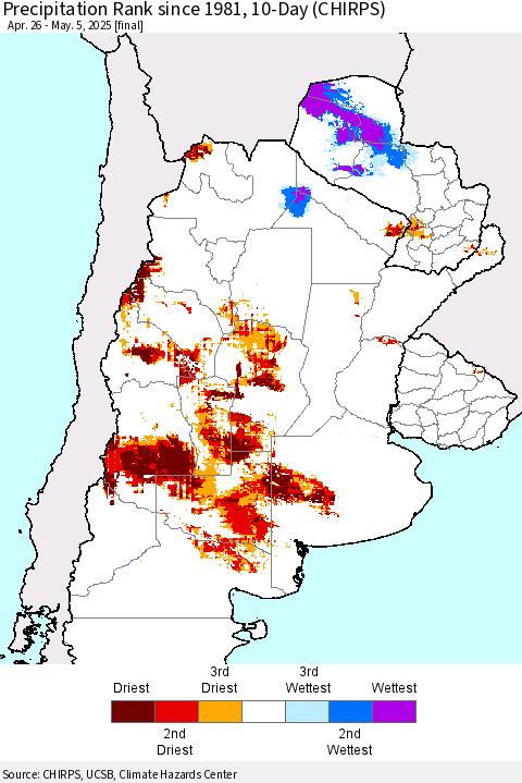 Southern South America Precipitation Rank since 1981, 10-Day (CHIRPS) Thematic Map For 4/26/2025 - 5/5/2025