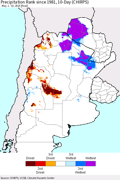 Southern South America Precipitation Rank since 1981, 10-Day (CHIRPS) Thematic Map For 5/1/2025 - 5/10/2025