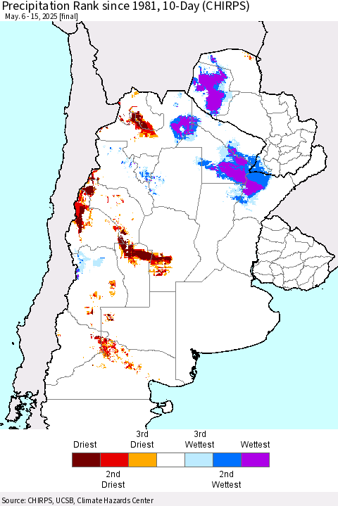 Southern South America Precipitation Rank since 1981, 10-Day (CHIRPS) Thematic Map For 5/6/2025 - 5/15/2025