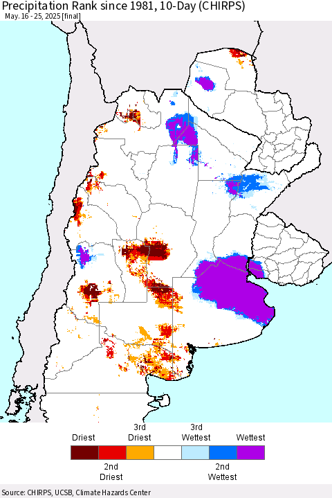 Southern South America Precipitation Rank since 1981, 10-Day (CHIRPS) Thematic Map For 5/16/2025 - 5/25/2025