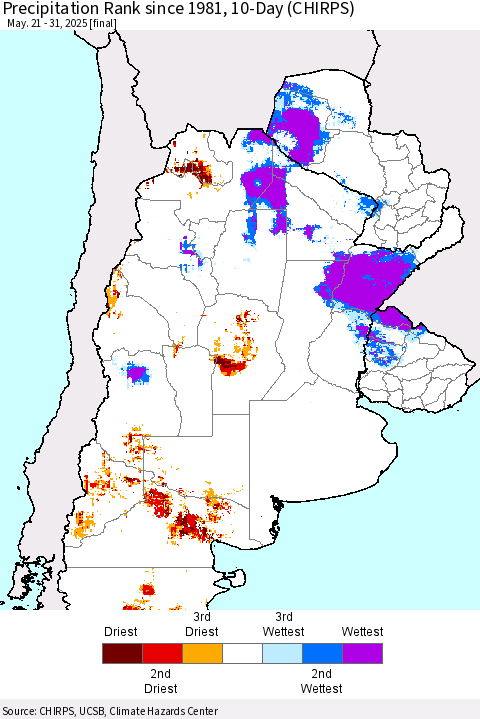 Southern South America Precipitation Rank since 1981, 10-Day (CHIRPS) Thematic Map For 5/21/2025 - 5/31/2025