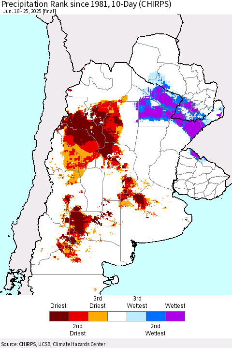 Southern South America Precipitation Rank since 1981, 10-Day (CHIRPS) Thematic Map For 6/16/2025 - 6/25/2025