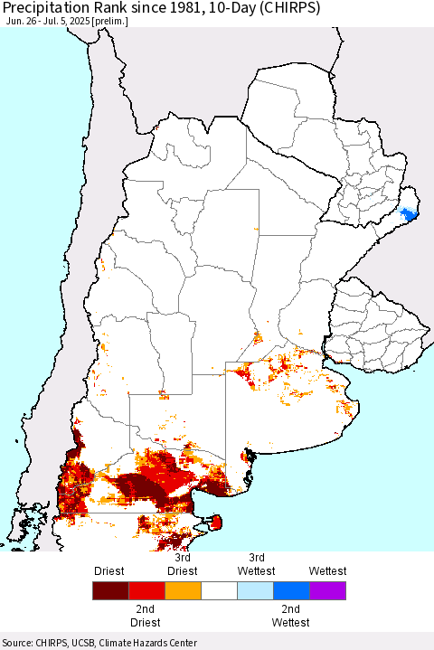 Southern South America Precipitation Rank since 1981, 10-Day (CHIRPS) Thematic Map For 6/26/2025 - 7/5/2025