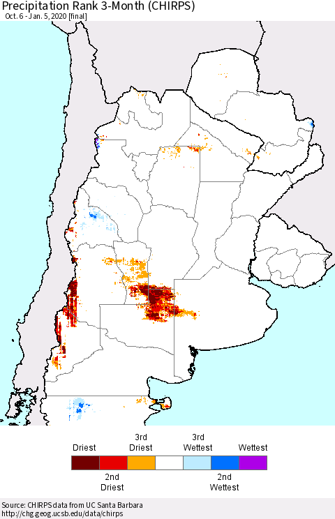 Southern South America Precipitation Rank since 1981, 3-Month (CHIRPS) Thematic Map For 10/6/2019 - 1/5/2020