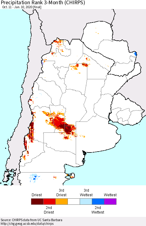 Southern South America Precipitation Rank since 1981, 3-Month (CHIRPS) Thematic Map For 10/11/2019 - 1/10/2020