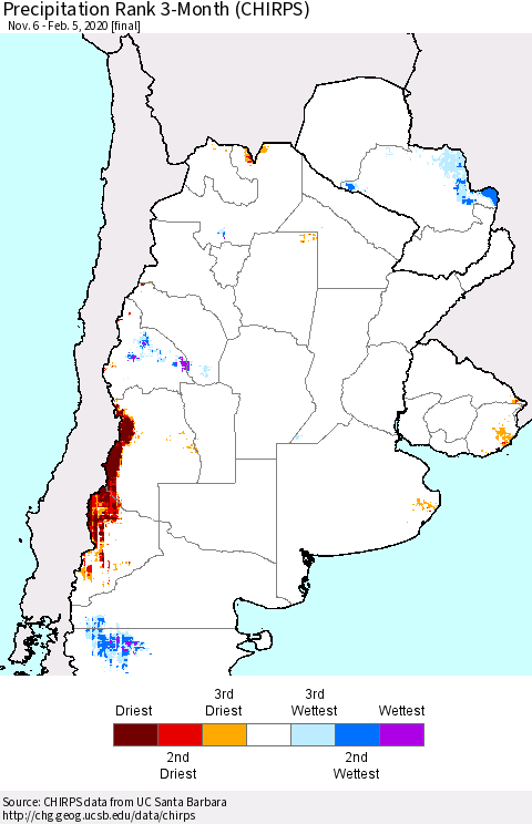 Southern South America Precipitation Rank since 1981, 3-Month (CHIRPS) Thematic Map For 11/6/2019 - 2/5/2020