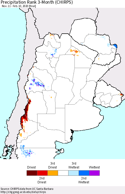 Southern South America Precipitation Rank since 1981, 3-Month (CHIRPS) Thematic Map For 11/11/2019 - 2/10/2020