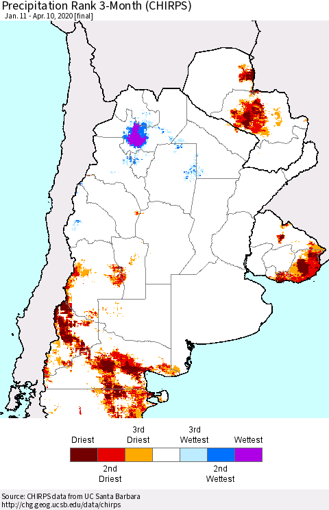 Southern South America Precipitation Rank since 1981, 3-Month (CHIRPS) Thematic Map For 1/11/2020 - 4/10/2020