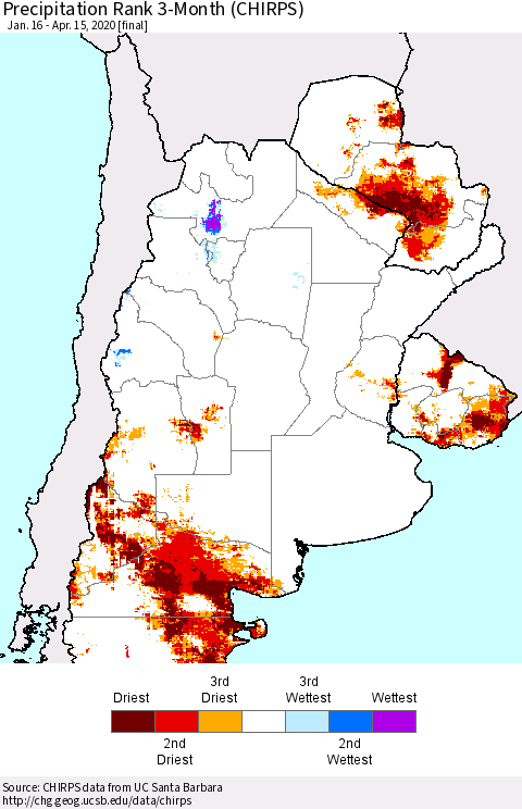 Southern South America Precipitation Rank since 1981, 3-Month (CHIRPS) Thematic Map For 1/16/2020 - 4/15/2020