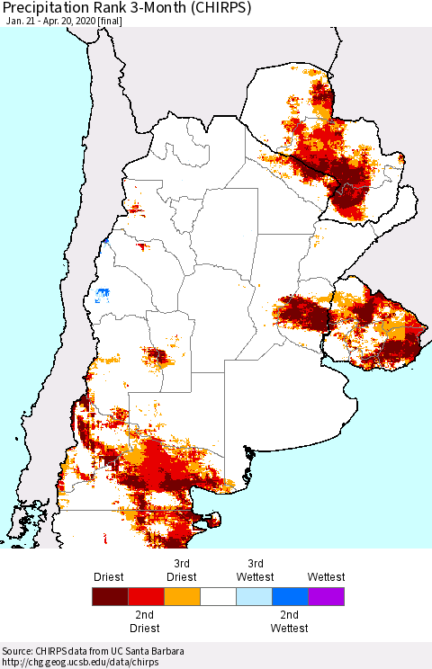 Southern South America Precipitation Rank since 1981, 3-Month (CHIRPS) Thematic Map For 1/21/2020 - 4/20/2020