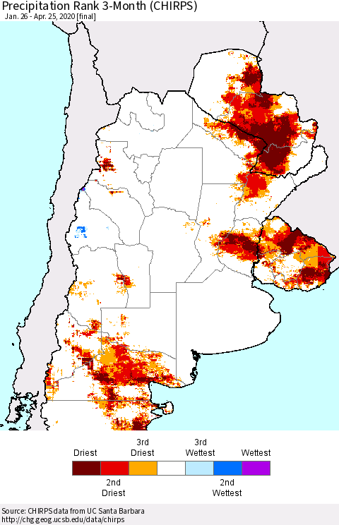 Southern South America Precipitation Rank since 1981, 3-Month (CHIRPS) Thematic Map For 1/26/2020 - 4/25/2020