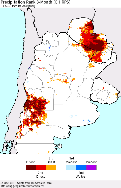 Southern South America Precipitation Rank since 1981, 3-Month (CHIRPS) Thematic Map For 2/11/2020 - 5/10/2020