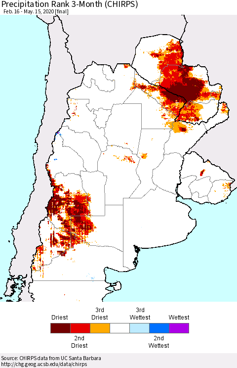 Southern South America Precipitation Rank since 1981, 3-Month (CHIRPS) Thematic Map For 2/16/2020 - 5/15/2020