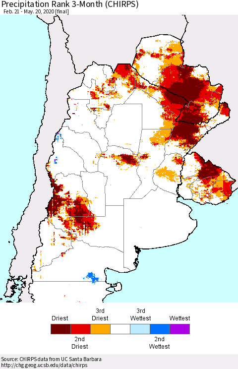 Southern South America Precipitation Rank since 1981, 3-Month (CHIRPS) Thematic Map For 2/21/2020 - 5/20/2020