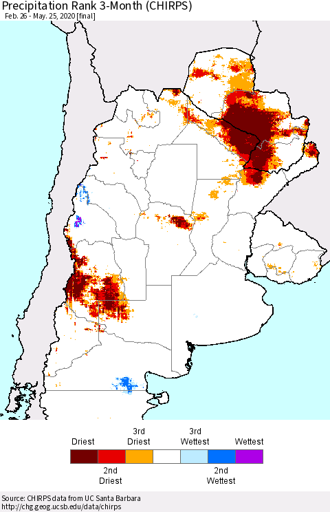 Southern South America Precipitation Rank since 1981, 3-Month (CHIRPS) Thematic Map For 2/26/2020 - 5/25/2020