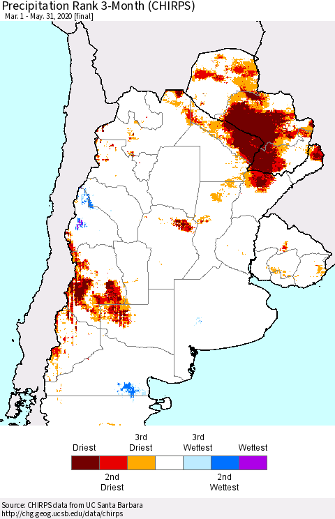 Southern South America Precipitation Rank since 1981, 3-Month (CHIRPS) Thematic Map For 3/1/2020 - 5/31/2020