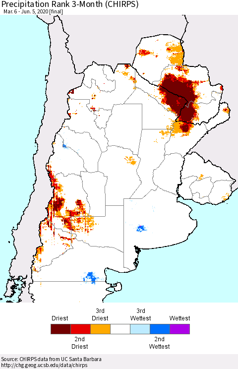 Southern South America Precipitation Rank since 1981, 3-Month (CHIRPS) Thematic Map For 3/6/2020 - 6/5/2020