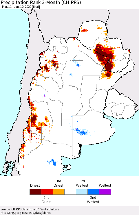Southern South America Precipitation Rank since 1981, 3-Month (CHIRPS) Thematic Map For 3/11/2020 - 6/10/2020