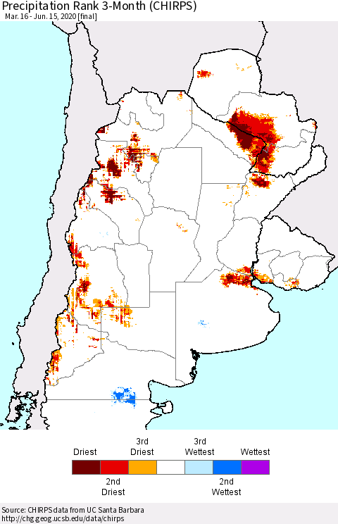 Southern South America Precipitation Rank since 1981, 3-Month (CHIRPS) Thematic Map For 3/16/2020 - 6/15/2020