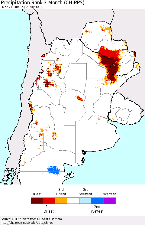 Southern South America Precipitation Rank since 1981, 3-Month (CHIRPS) Thematic Map For 3/21/2020 - 6/20/2020