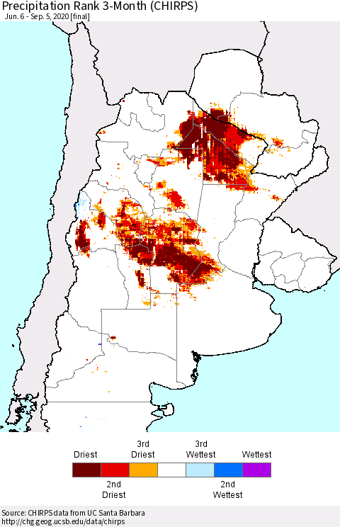 Southern South America Precipitation Rank since 1981, 3-Month (CHIRPS) Thematic Map For 6/6/2020 - 9/5/2020