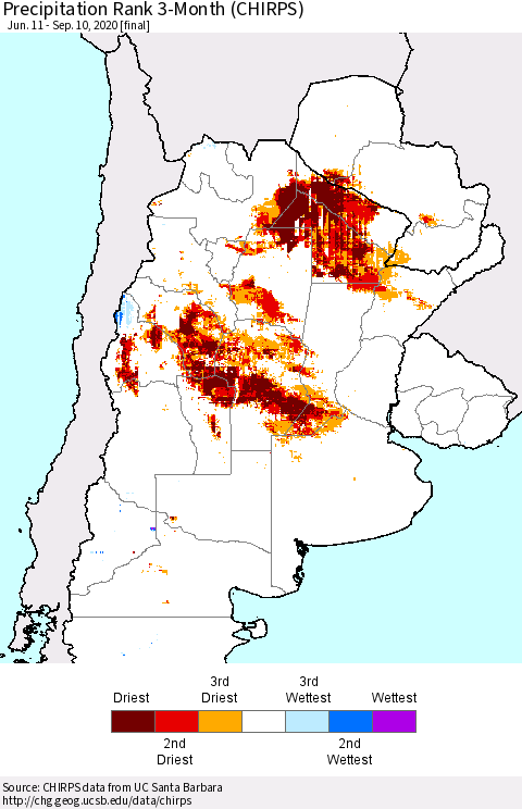 Southern South America Precipitation Rank since 1981, 3-Month (CHIRPS) Thematic Map For 6/11/2020 - 9/10/2020