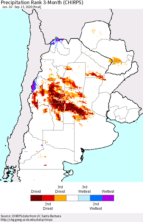Southern South America Precipitation Rank since 1981, 3-Month (CHIRPS) Thematic Map For 6/16/2020 - 9/15/2020