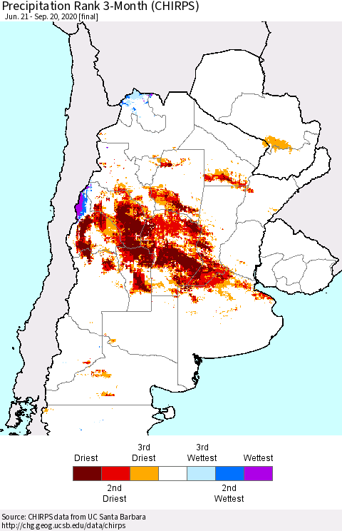 Southern South America Precipitation Rank since 1981, 3-Month (CHIRPS) Thematic Map For 6/21/2020 - 9/20/2020
