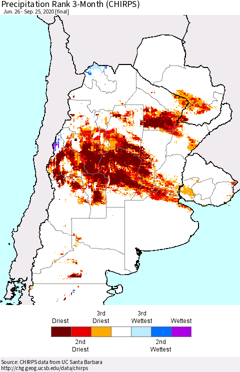Southern South America Precipitation Rank since 1981, 3-Month (CHIRPS) Thematic Map For 6/26/2020 - 9/25/2020