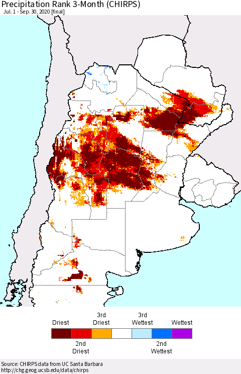 Southern South America Precipitation Rank since 1981, 3-Month (CHIRPS) Thematic Map For 7/1/2020 - 9/30/2020
